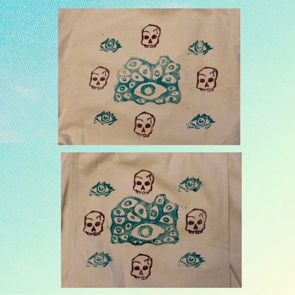 Hand Printed Canvas Tote Bag with Eye and Skull Design - Picture 4 of 5